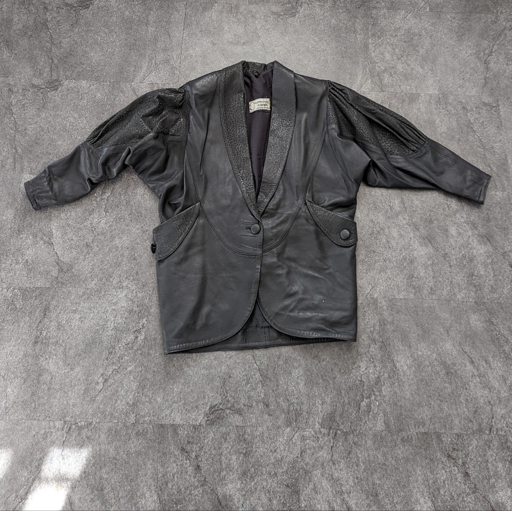 Vintage 80s soft black leather jacket with shoulder pads and leopard det…